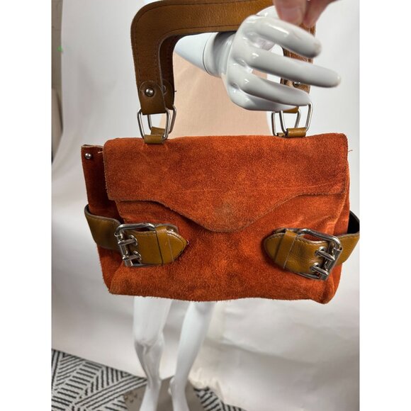 Vintage Rust Suede Handbag With Brown Leather Handles & Buckle Accents - Picture 2 of 16